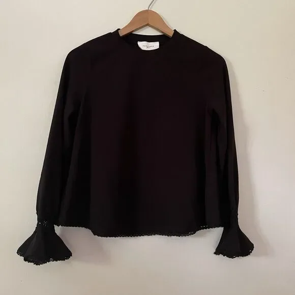 NWT Tuckernuck Pomander Place Palmer Blouse XS Black Bell Sleeve Lace Trim Boho - Picture 3 of 8